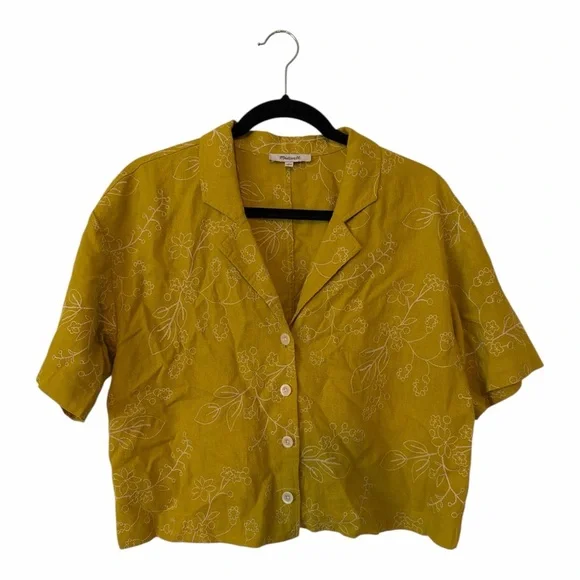 MADEWELL Embroidered Linen-Blend Resort Crop Shirt Medium - Picture 3 of 5
